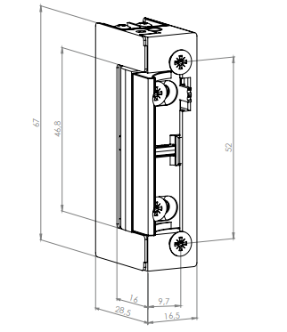 CERRADERO FAIL SECURE 12V DC. PESTILLO REGULABLE. REVERSIBLE. SIMÉTRICO. CAJA DE 67 mm x 28,5 mm x 16,5 mm (largo x alto x ancho)